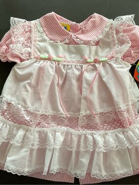 Vintage 2 Piece Striped Pink Lace Baby Dress with Ribbon Accents